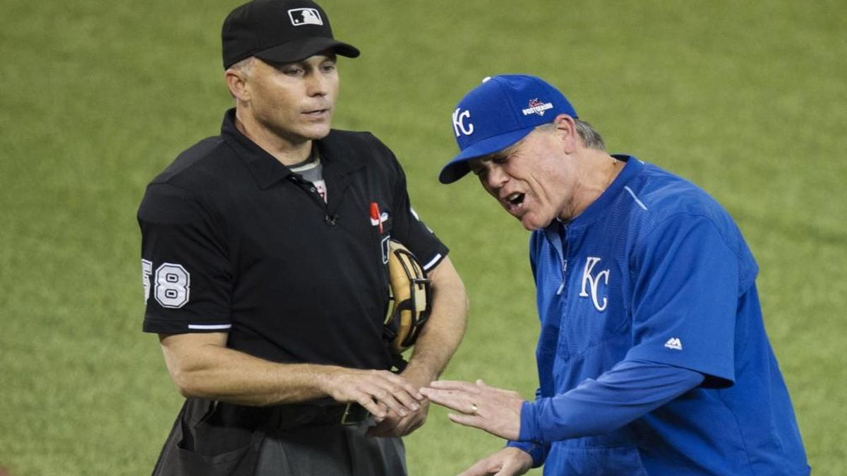 Kansas City Royals manager Ned Yost argued with home plate umpire Dan Iassogna during the sixth inning in Game 5 of the American League Championship Series.