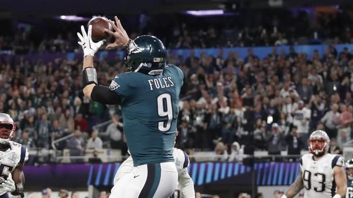 Philadelphia Eagles quarterback Nick Foles caught a touchdown pass during the first half of Super Bowl LII.