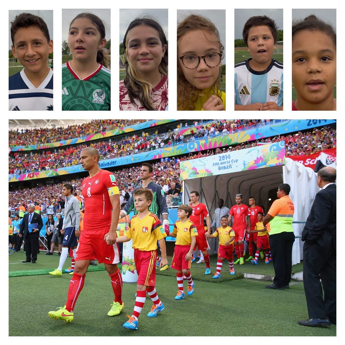 Kids, from left, Xavi Sanchez, Ana Salario, Isabella Barrera, Ivy Crook, Ezequiel Carmona and Jaidyn Answer. Kid escorts take the field during the 2014 World CUp