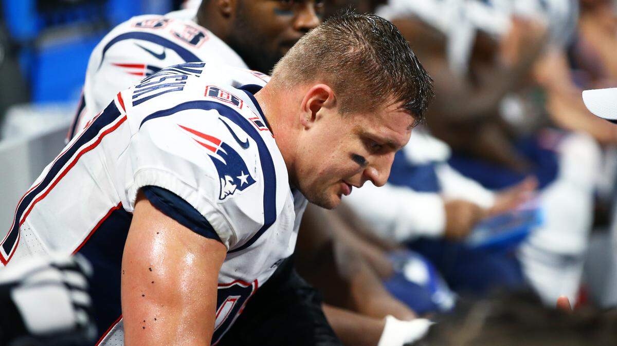 New England Patriots tight end Rob Gronkowski (87) reacts against the Los Angeles Rams in Super Bowl LIII at Mercedes-Benz Stadium.