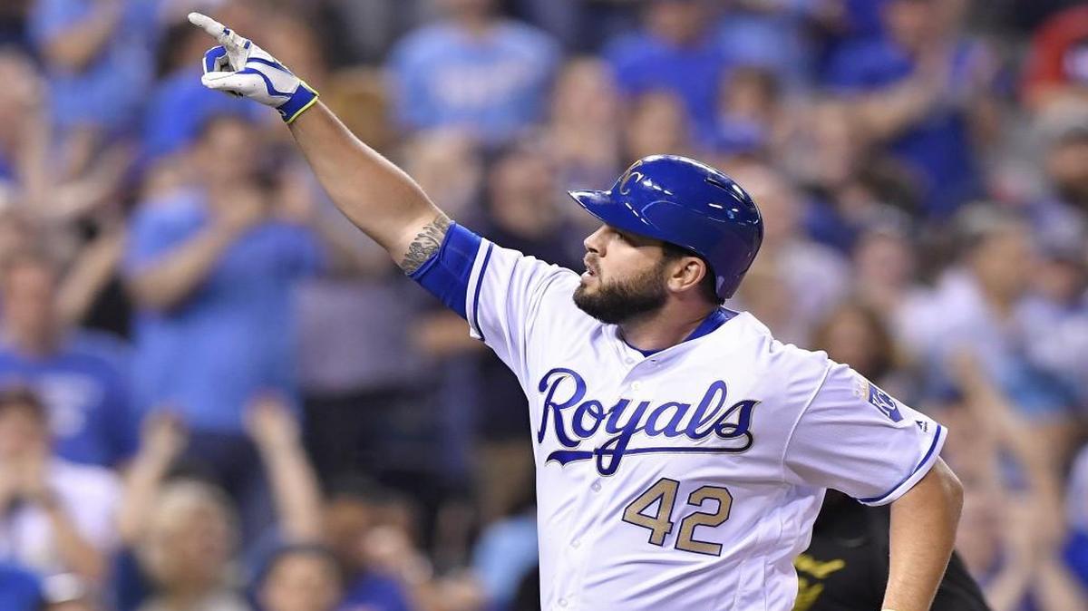 Kansas City Royals third baseman Mike Moustakas celebrated his solo home run in the eighth inning of Saturday’s game against the Los Angeles Angels at Kauffman Stadium.