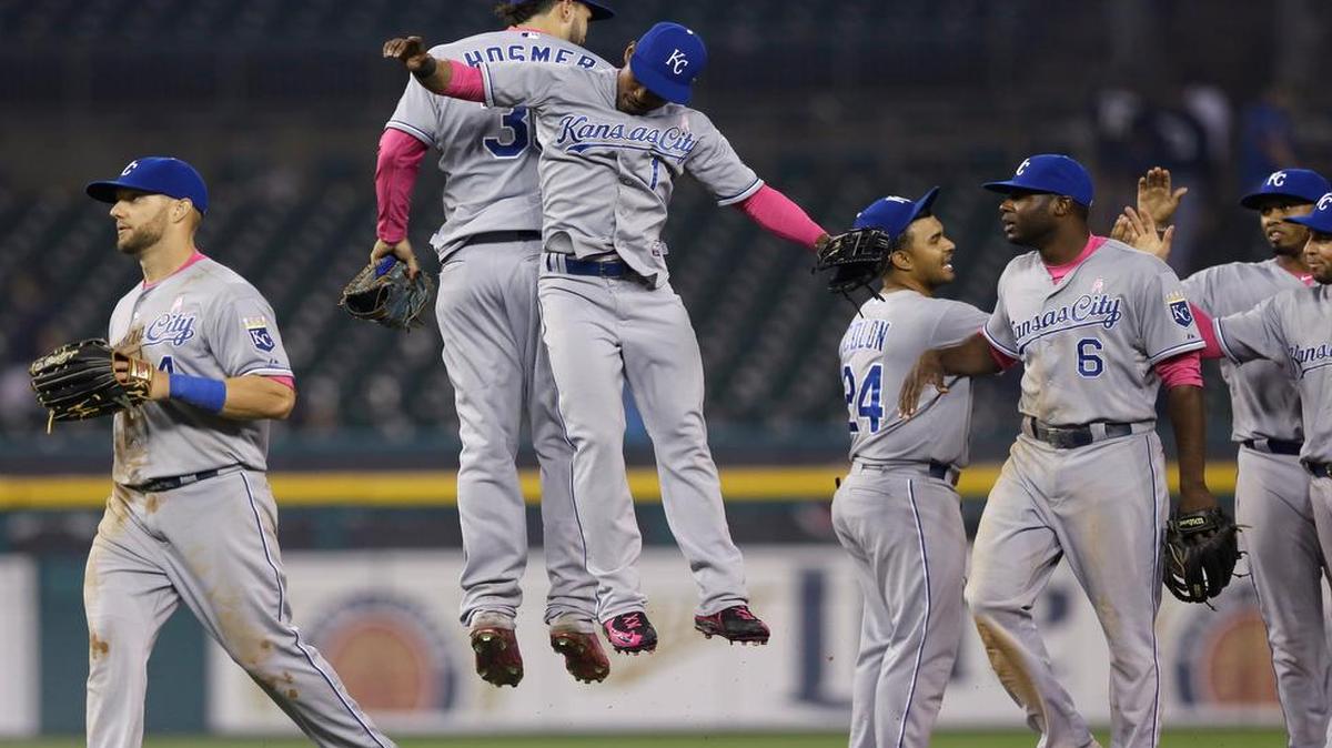 
Kansas City Royals first baseman Eric Hosmer and right fielder Jarrod Dyson celebrate their 2-1 win over the Detroit Tigers after the 10th inning of Sunday night/early Monday’s game.
