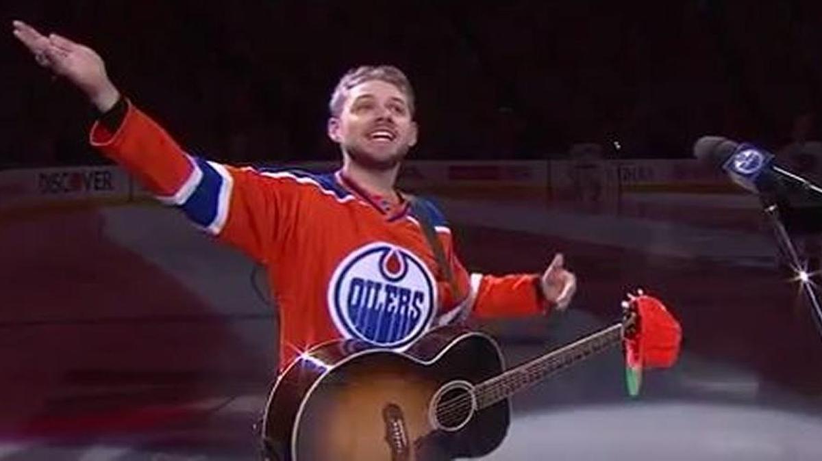 Singer Brett Kissel got a little help from the Oilers fans in singing the U.S. national anthem.