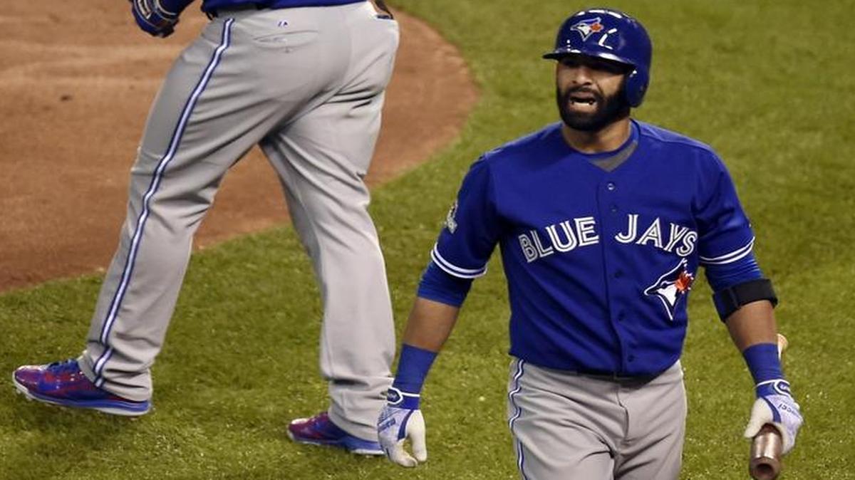 
Toronto Blue Jays right fielder Jose Bautista (right) voiced his displeasure after striking out in the fourth inning Friday in Game 1 of the ALCS
