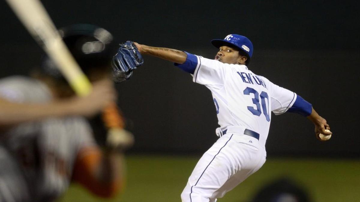 Kansas City Royals starting pitcher Yordano Ventura pitched in the sixth inning of Game 6 of the 2014 World Series at Kauffman Stadium.