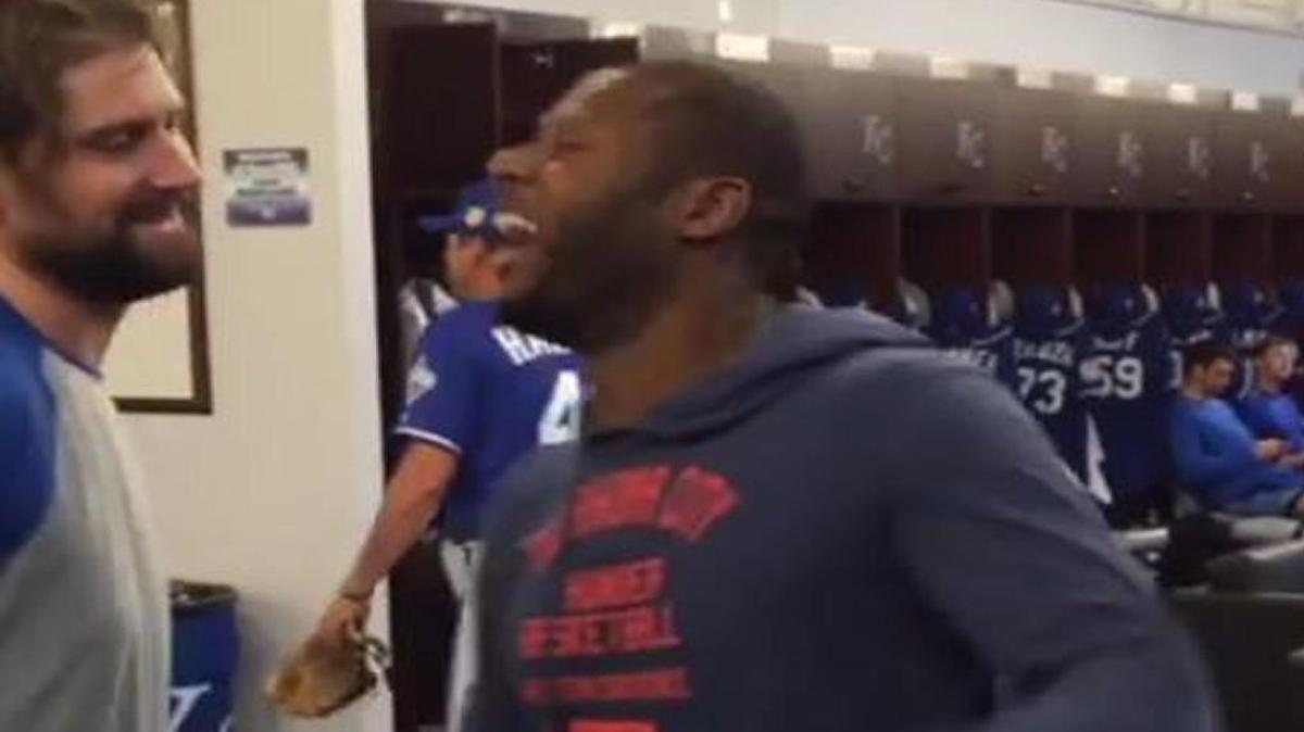 Lorenzo Cain greeted Luke Hochevar.