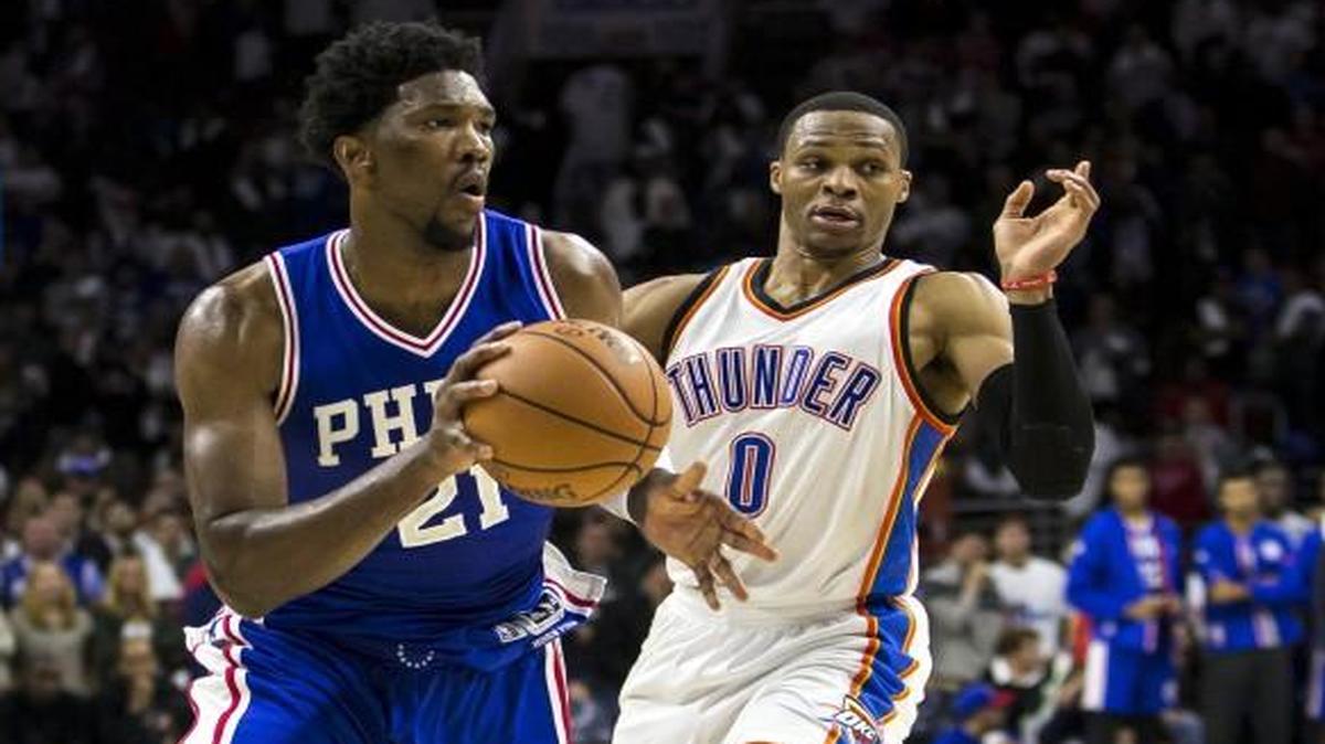 Philadelphia 76ers star Joel Embiid drove to the basket against Russell Westbrook of the Oklahoma State Thunder during Wednesday’s game.
