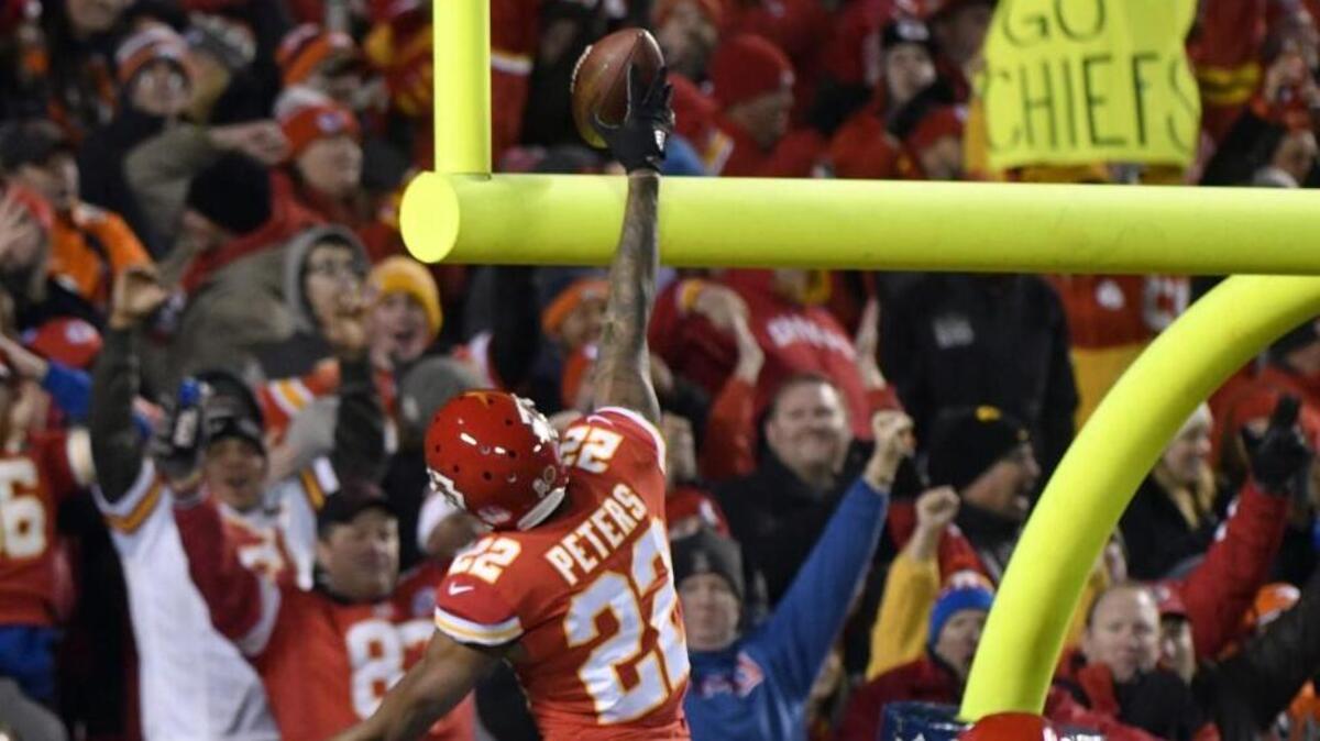 Kansas City Chiefs defensive back Marcus Peters celebrates his touchdown on Monday night at Arrowhead Stadium.