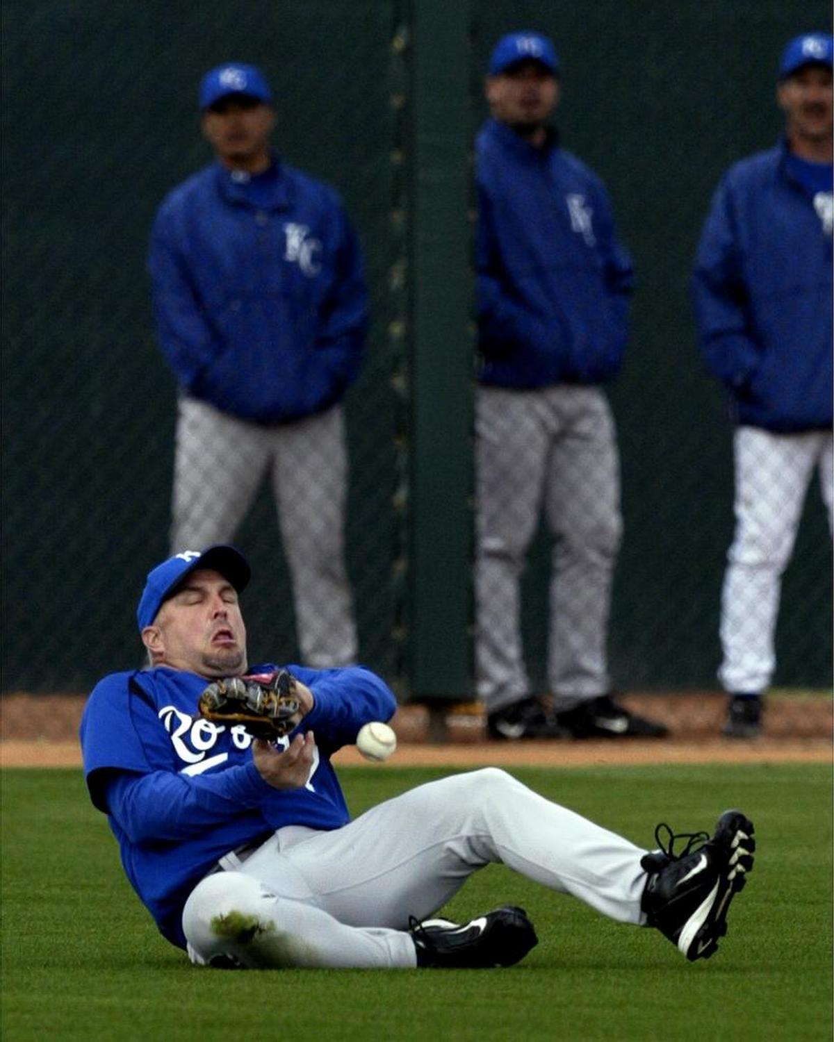 Country music superstar Garth Brooks missed a ball while playing left field in 2004 in spring training.