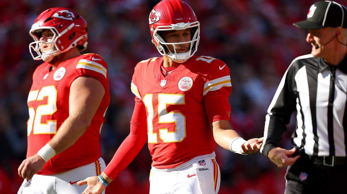 Chiefs quarterback Patrick Mahomes reacts while playing against the Indianapolis Colts in the second quarter of the game at Arrowhead Stadium on Nov. 23, 2025 in Kansas City.