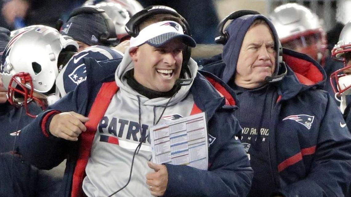 New England Patriots offensive coordinator Josh McDaniels celebrated in front of head coach Bill Belichick during Saturday’s playoff game.