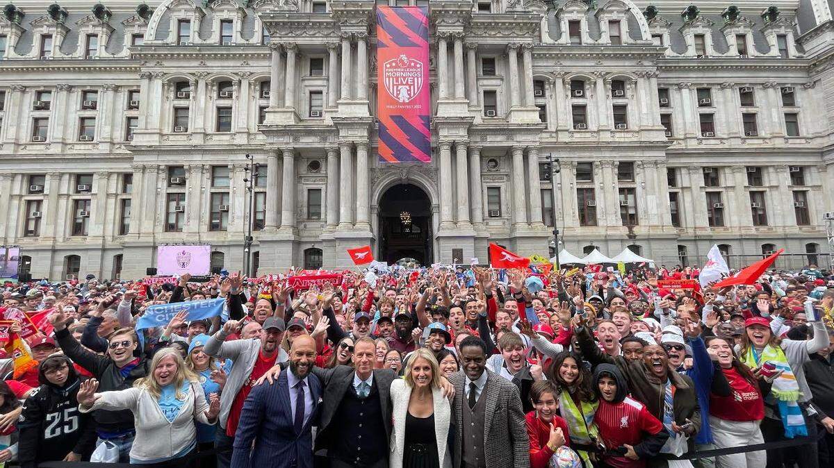 The Fan Fest when it was in Philadelphia in 2022. Former U.S. national team goalie Tim Howard is on the left with his NBC colleagues.