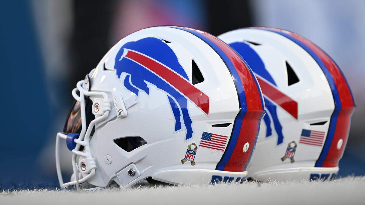 A detail view of Buffalo Bills helmets is shown prior to the game against the Kansas City Chiefs at Highmark Stadium on Nov. 2, 2025 in Orchard Park, New York.