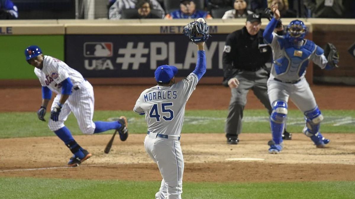 Kansas City Royals relief pitcher Franklin Morales fielded a ball hit by New York Mets right fielder Curtis Granderson in the sixth inning. Things turned ugly right after that.