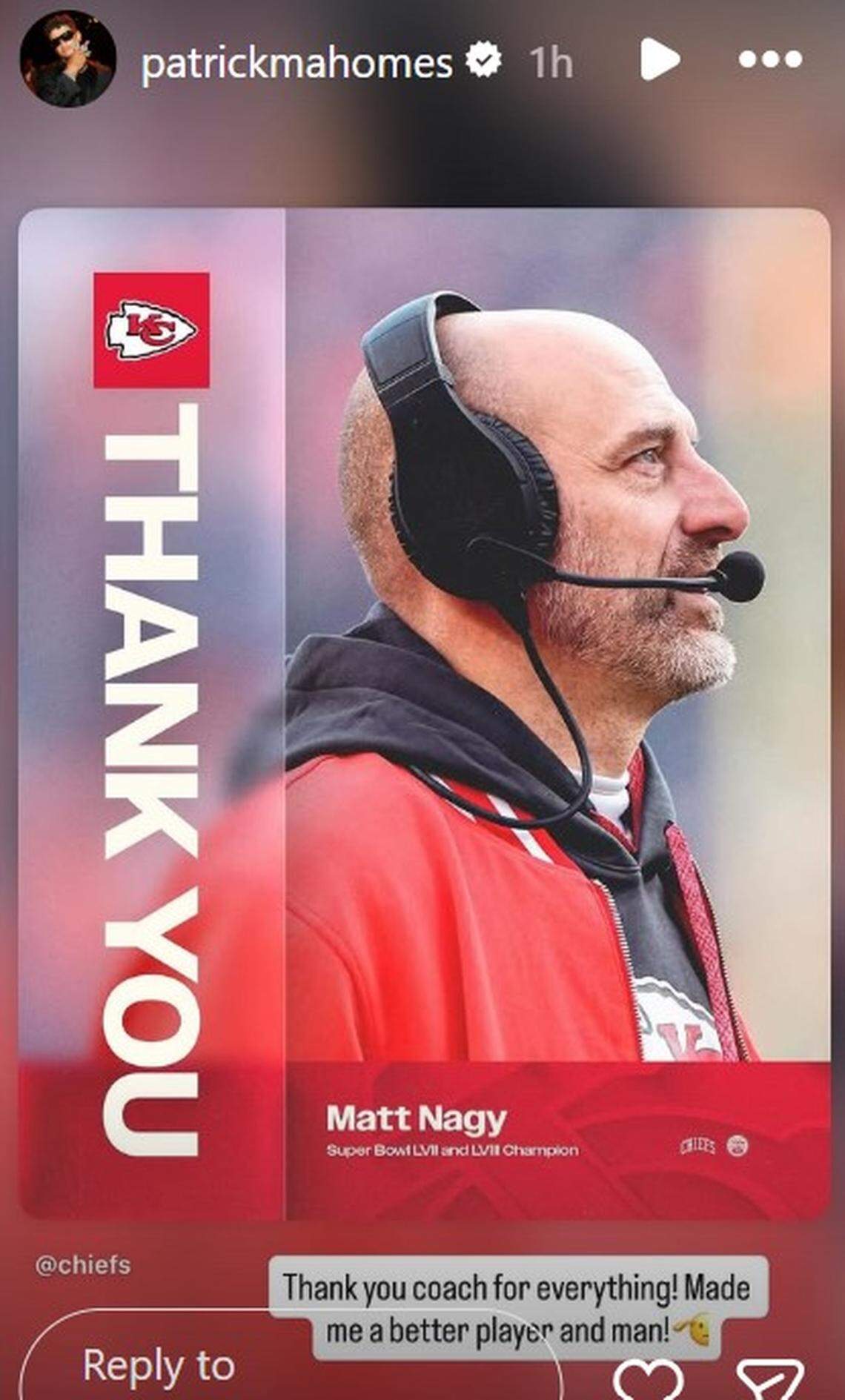 Chiefs quarterback Patrick Mahomes bids farwell to Matt Nagy.