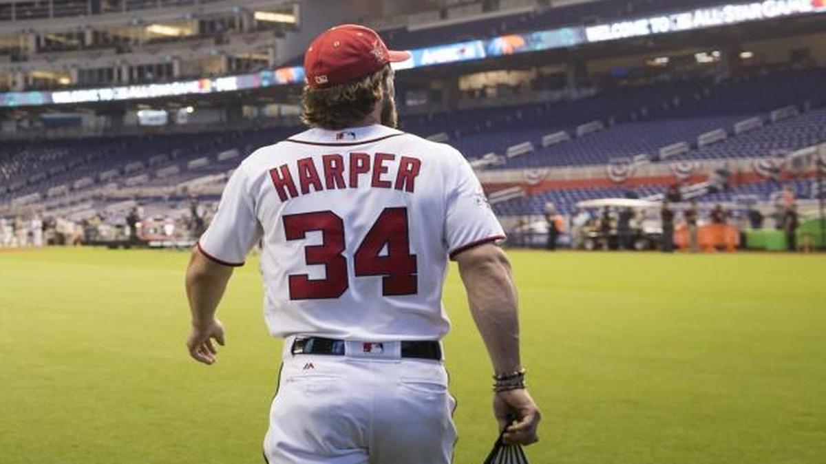 Washington Nationals outfielder Bryce Harper in the outfield at Marlins Park on Monday.