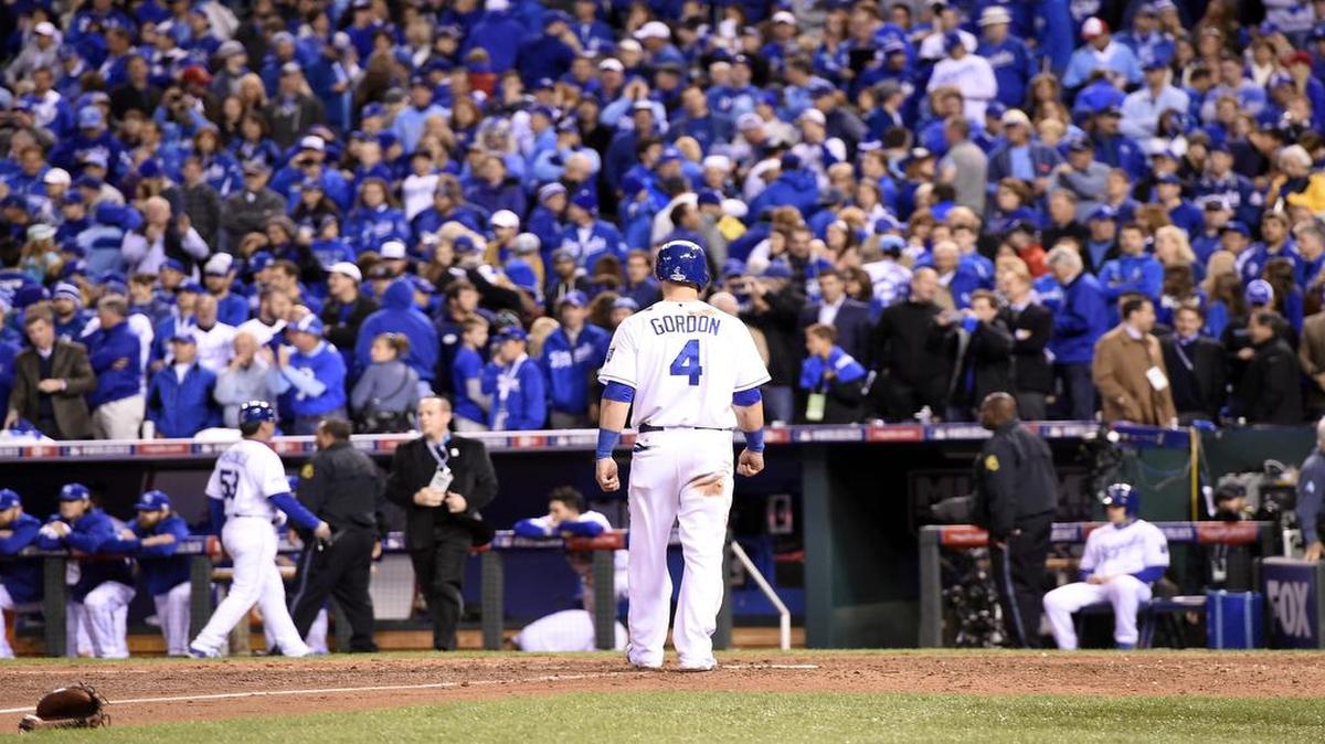 
Alex Gordon made a long, lonely walk from third base to the dugout after he was left stranded on third as the possible tying run in the Royals 3-2 loss to the San Francisco Giants in game seven of the World Series at Kauffman Stadium.
