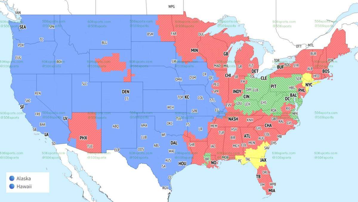 The Chiefs-Chargers game will be seen by areas in blue. The Bills-Patriots game is in red.