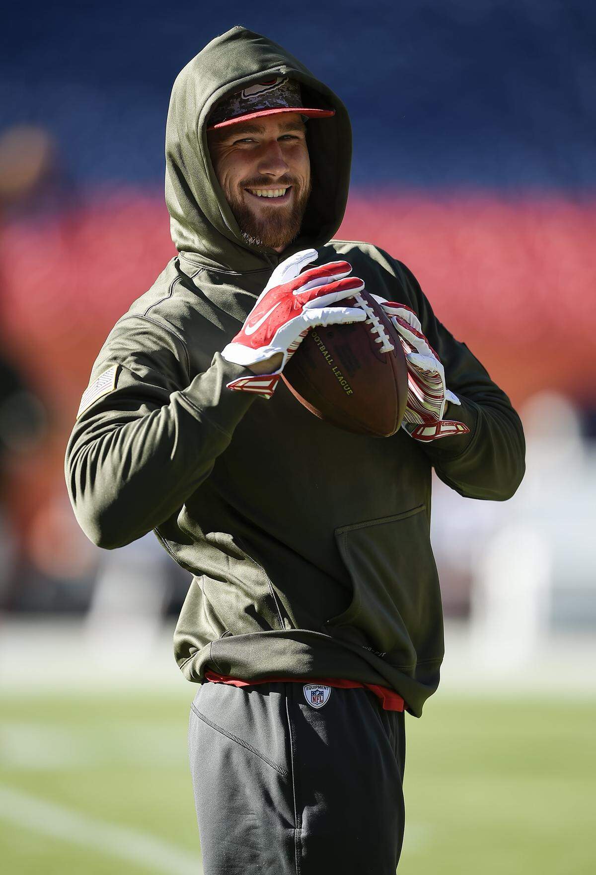 Kansas City Chiefs tight end Travis Kelce (87) smiled during pregame warmups before the game against the Denver Broncos on Sunday, November 15, 2015 at Sports Authority Field in Denver, Co.