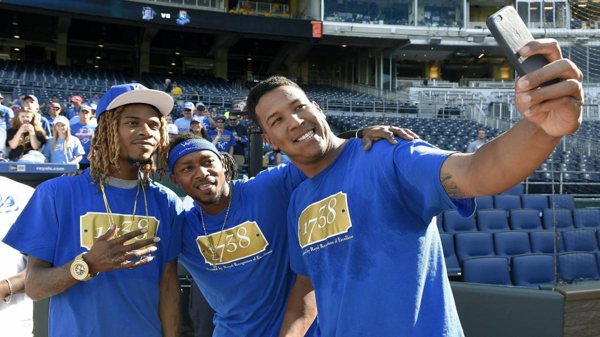
Rapper Fetty Wap posed for a selfie with Kansas City Royals’ Salvador Perez and Jarrod Dyson before during baseball game against the Detroit Tigers on Aug. 11.
