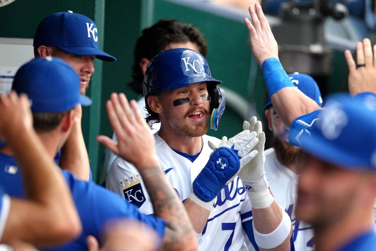Royals shortstop Bobby Witt Jr. celebrates his home run against the Cleveland Guardians with teammates at Kauffman Stadium in Kansas City on May 4, 2026.