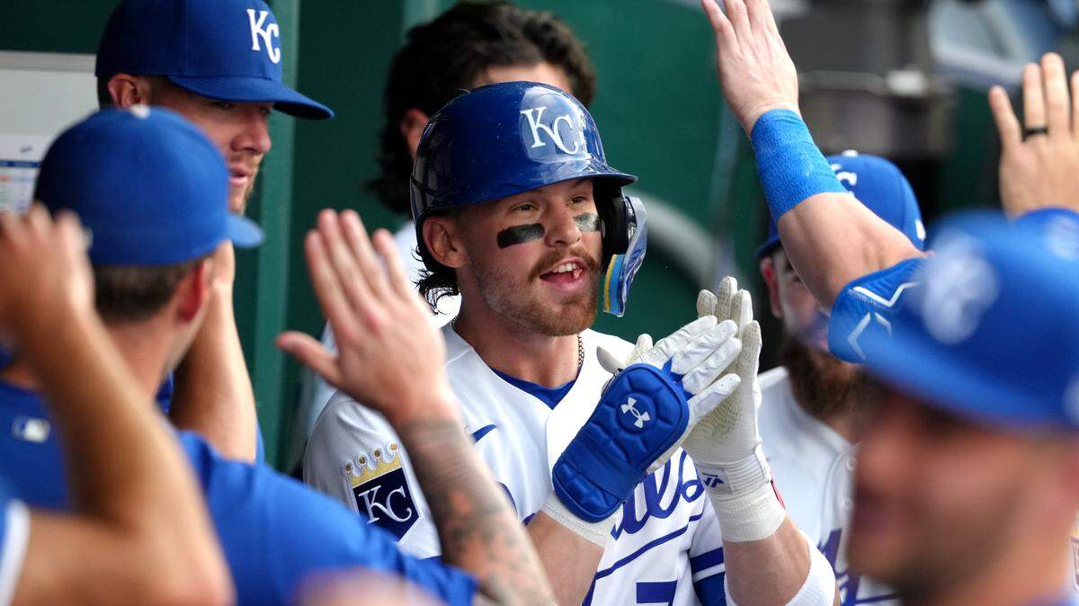 Royals shortstop Bobby Witt Jr. celebrates his home run with teammates in the fourth inning against the Cleveland Guardians at Kauffman Stadium on May 4, 2026 in Kansas City, Missouri.