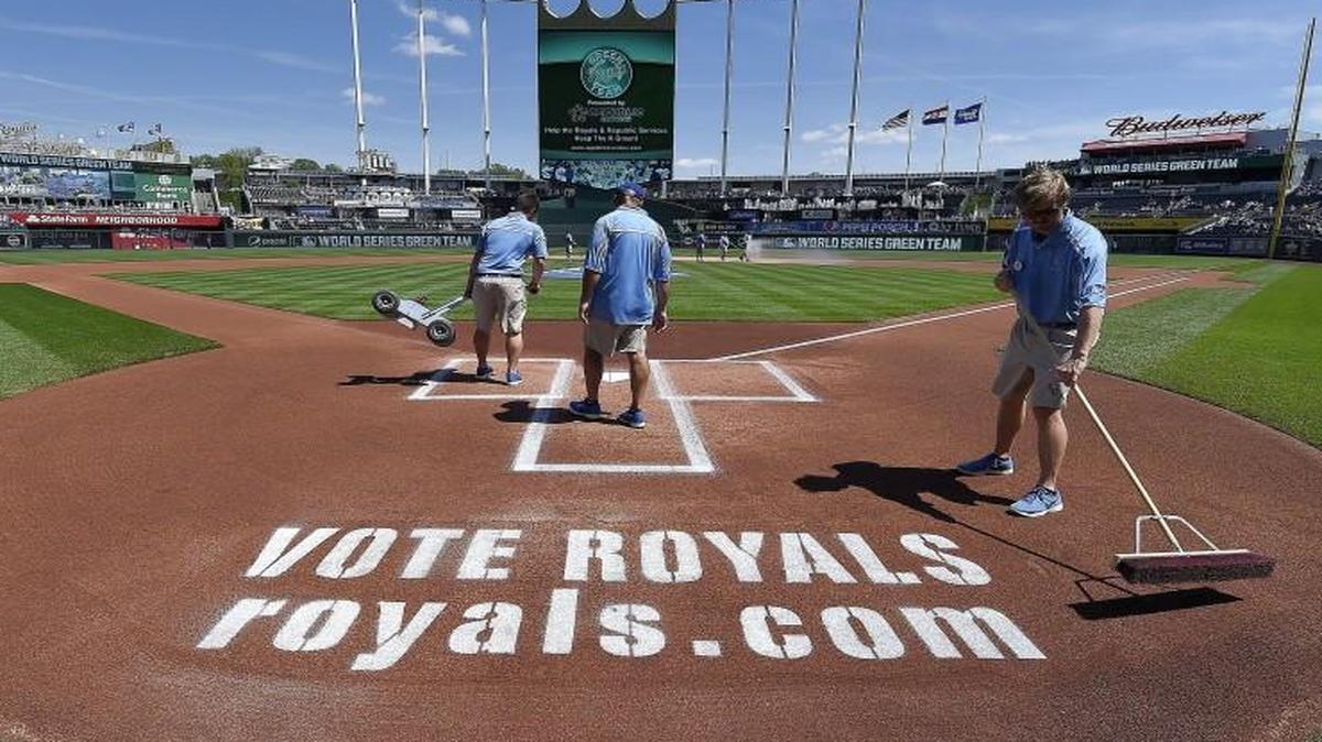 The groundscrew finished with a sign encouraging Kansas City Royals fans to vote for their favorite player in the 2016 All-Star Game balloting that began before Sunday’s baseball game against the Baltimore Orioles at Kauffman Stadium.