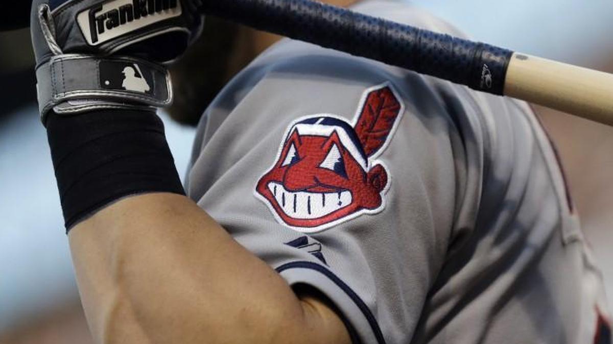 This June 26, 2015 photo shows the Cleveland Indians logo on a jersey.