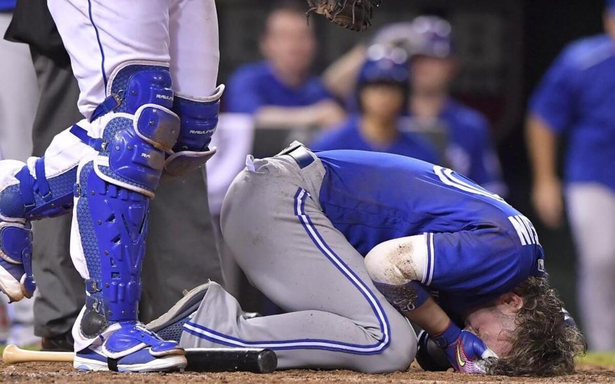 Toronto Blue Jays pitcher Josh Donaldson was on the round after being hit by a pitch from Kansas City Royals relief pitcher Kelvin Herrera in the ninth inning of Friday’s game.