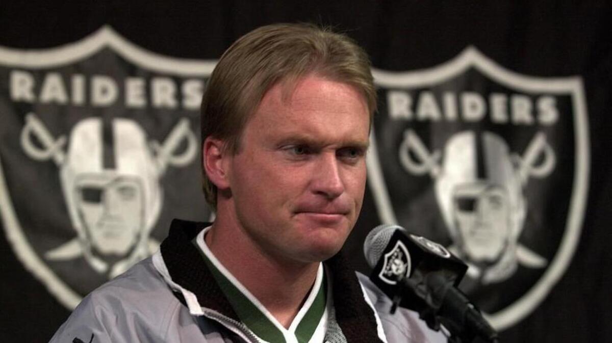 In this Jan. 14, 2001 file photo, then-Oakland Raiders coach Jon Gruden was shown during a press conference.