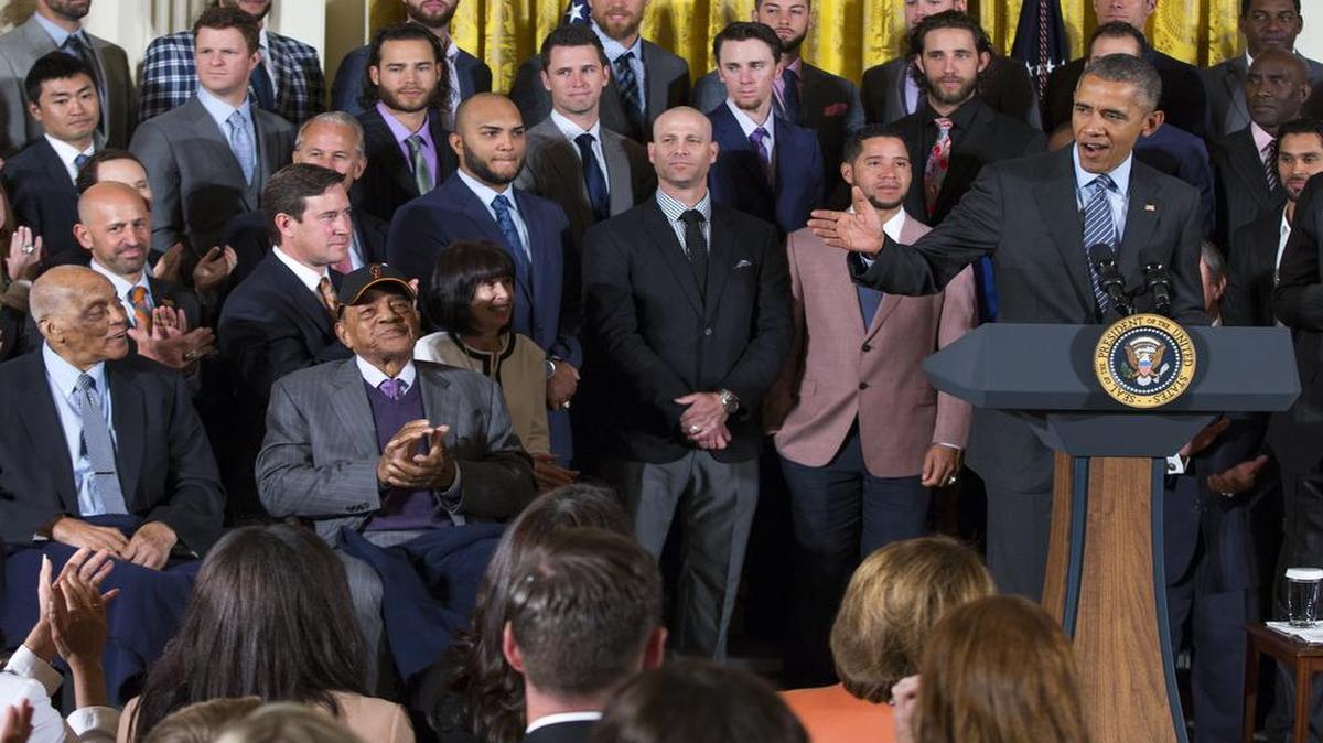 
President Barack Obama welcomeedHall of Fame baseball players, front row, from left, Monte Irvin and Willie Mays during a ceremony in the East Room of the White House in Washington onThursday, June 4, 2015, where the president honored the 2014 World Series champion San Francisco Giants. 
