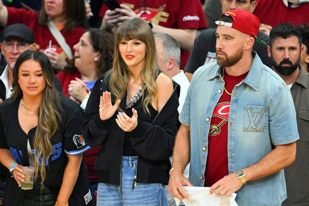 Superstar singer Taylor Swift and Chiefs tight end Travis Kelce of the Kansas City Chiefs attend Game Three between the New York Knicks and the Cleveland Cavaliers in the NBA Eastern Conference Finals at Rocket Arena on May 23, 2026 in Cleveland, Ohio.