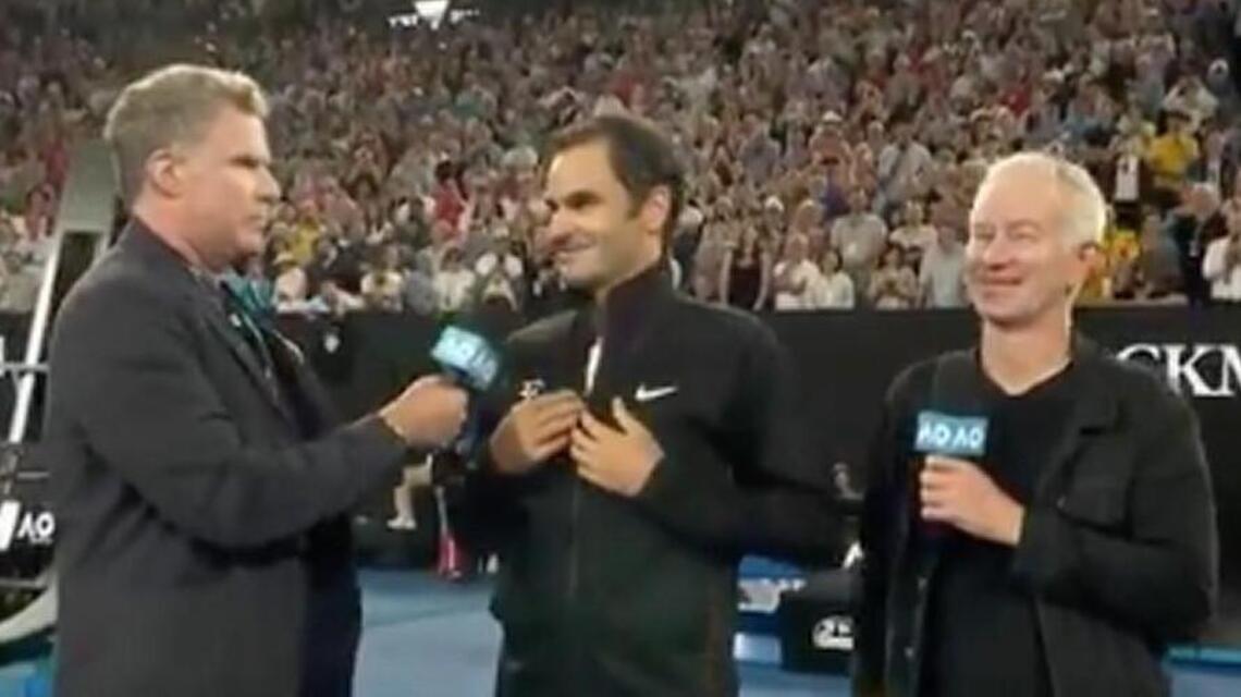 Will Ferrell channels Ron Burgundy during interview with Roger Federer