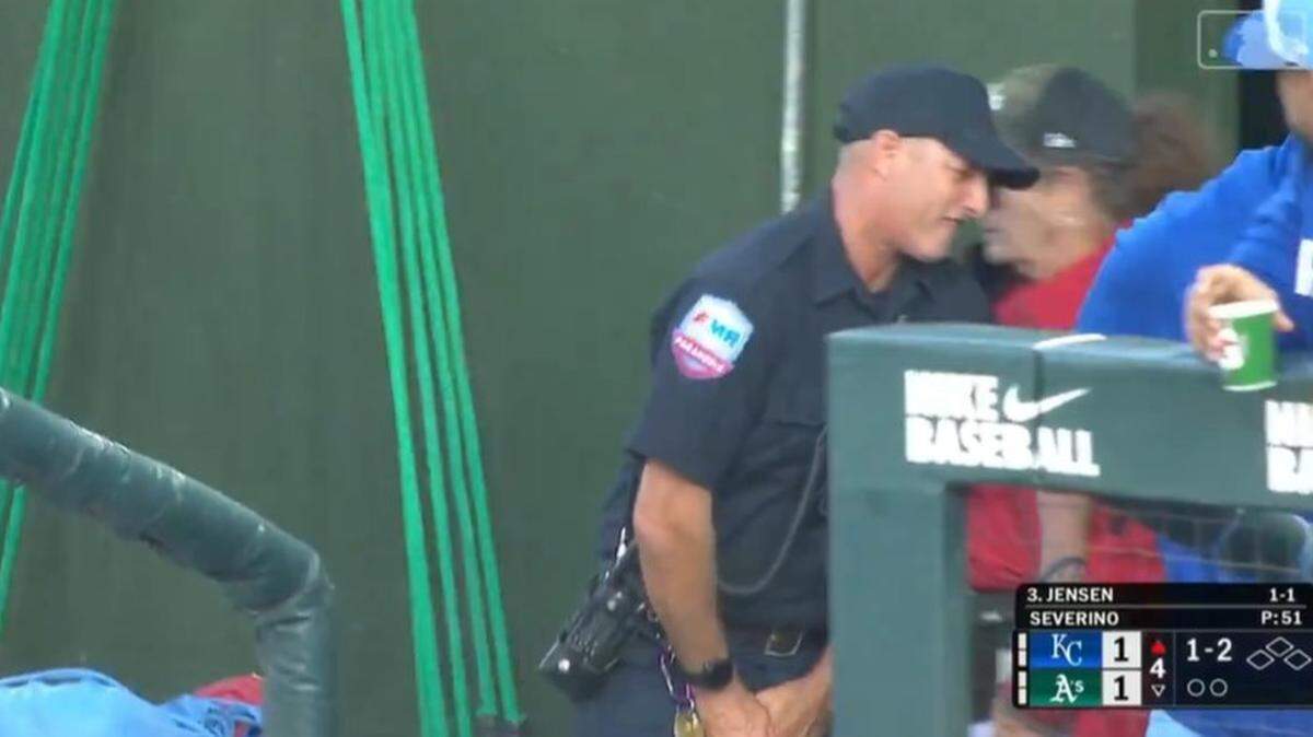 An EMT, um, reacted after being hit by a liner off the bat of the Royals’ Carter Jensen.