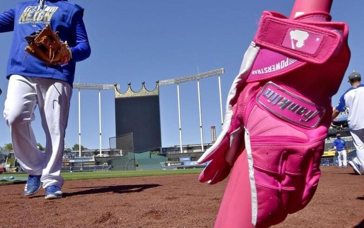 Kansas City Royals third baseman Mike Moustakas carried his pink bat at batting practice.