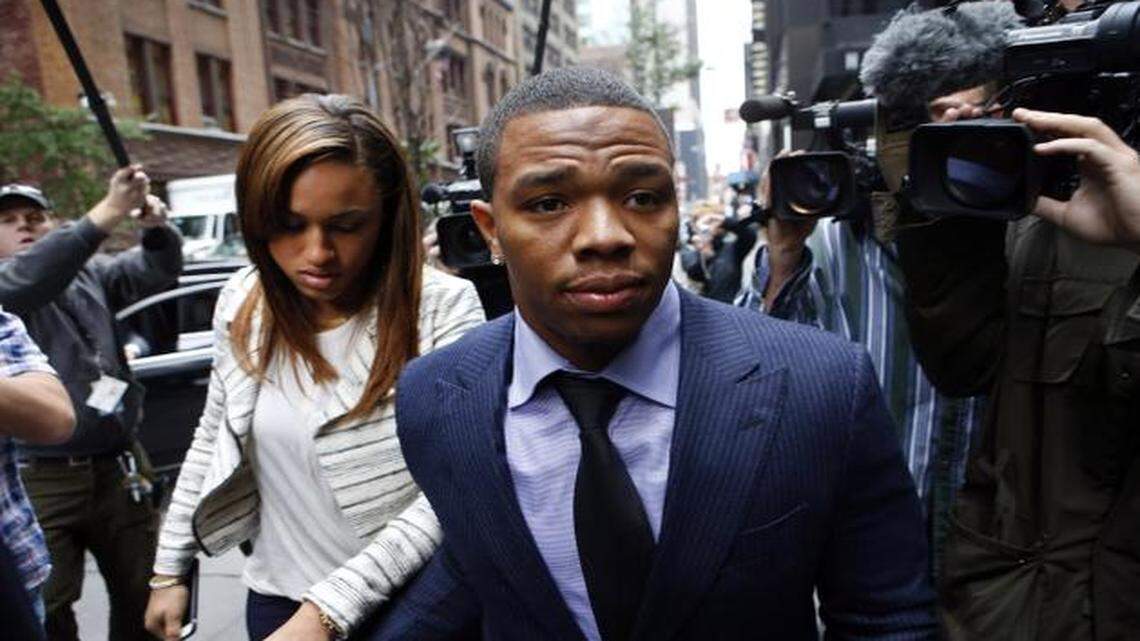 
Ray Rice arrives with his wife Janay Palmer for an appeal hearing of his indefinite suspension from the NFL, in this Nov. 5, 2014 file photo.
