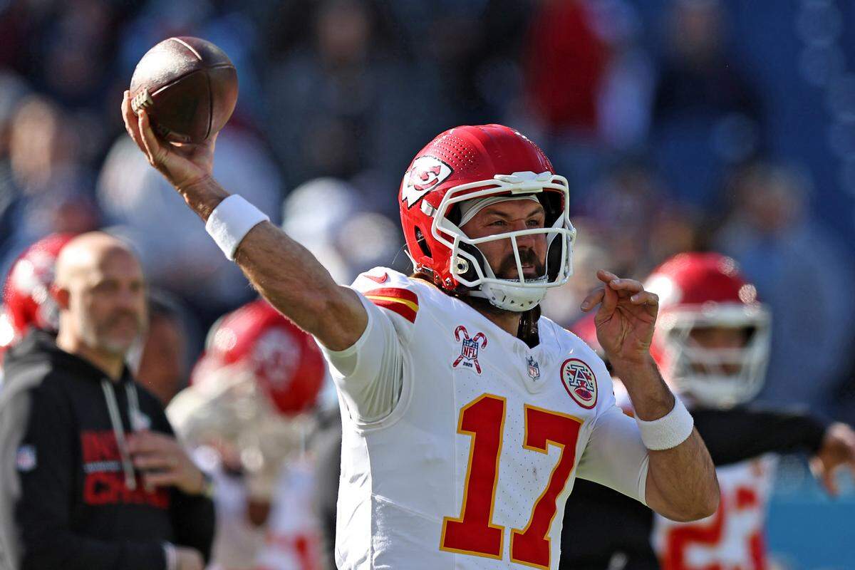 Backup QB Gardner Minshew of the Kansas City Chiefs warms up prior to an NFL Week 16 game against the Tennessee Titans at Nissan Stadium in Nashville on Sunday, Dec. 21, 2025.