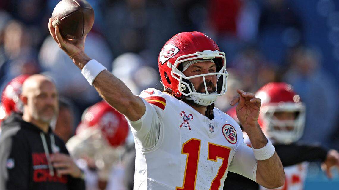 Gardner Minshew of the Kansas City Chiefs warmed up prior to the game against the Tennessee Titans at Nissan Stadium on Dec. 21, 2025 in Nashville, Tennessee.