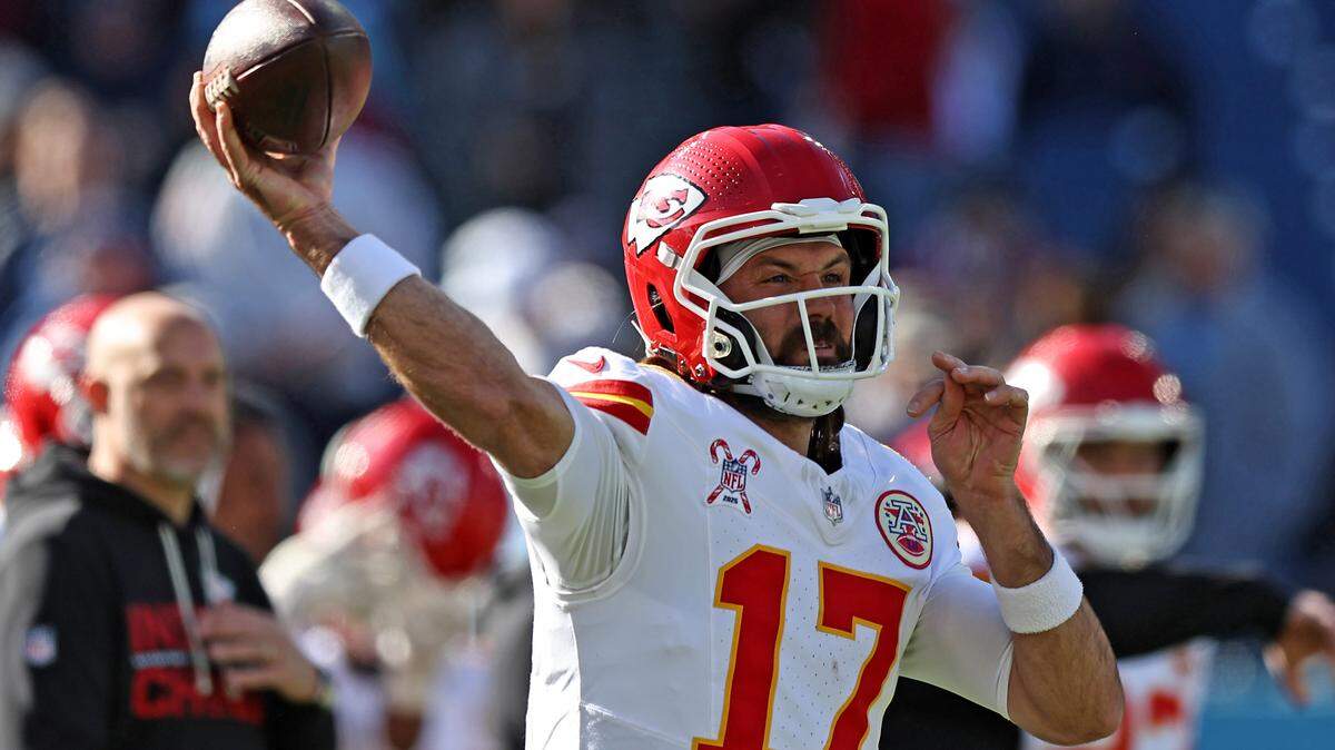 Gardner Minshew of the Kansas City Chiefs warmed up prior to the game against the Tennessee Titans at Nissan Stadium on Dec. 21, 2025 in Nashville, Tennessee.