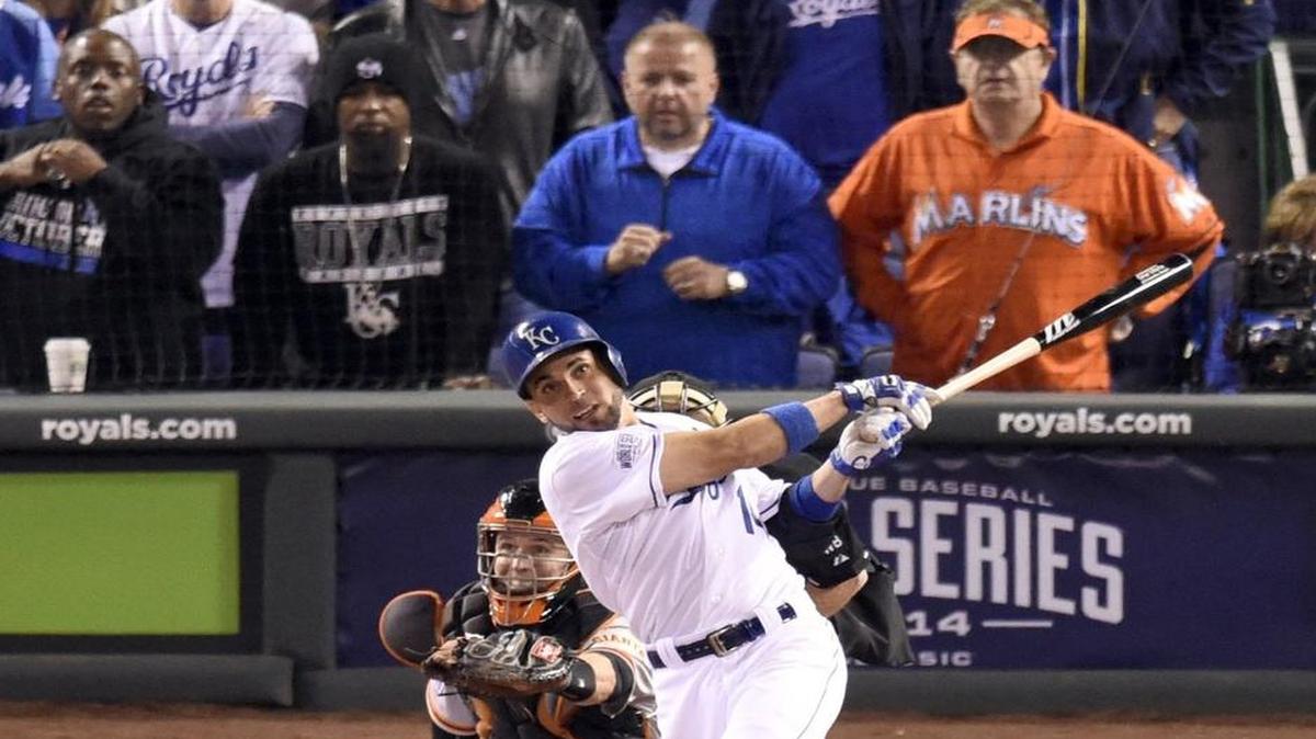 
Marlins Man stands from his seat behind home plate during Game 1 of last year’s World Series at Kauffman Stadium.
