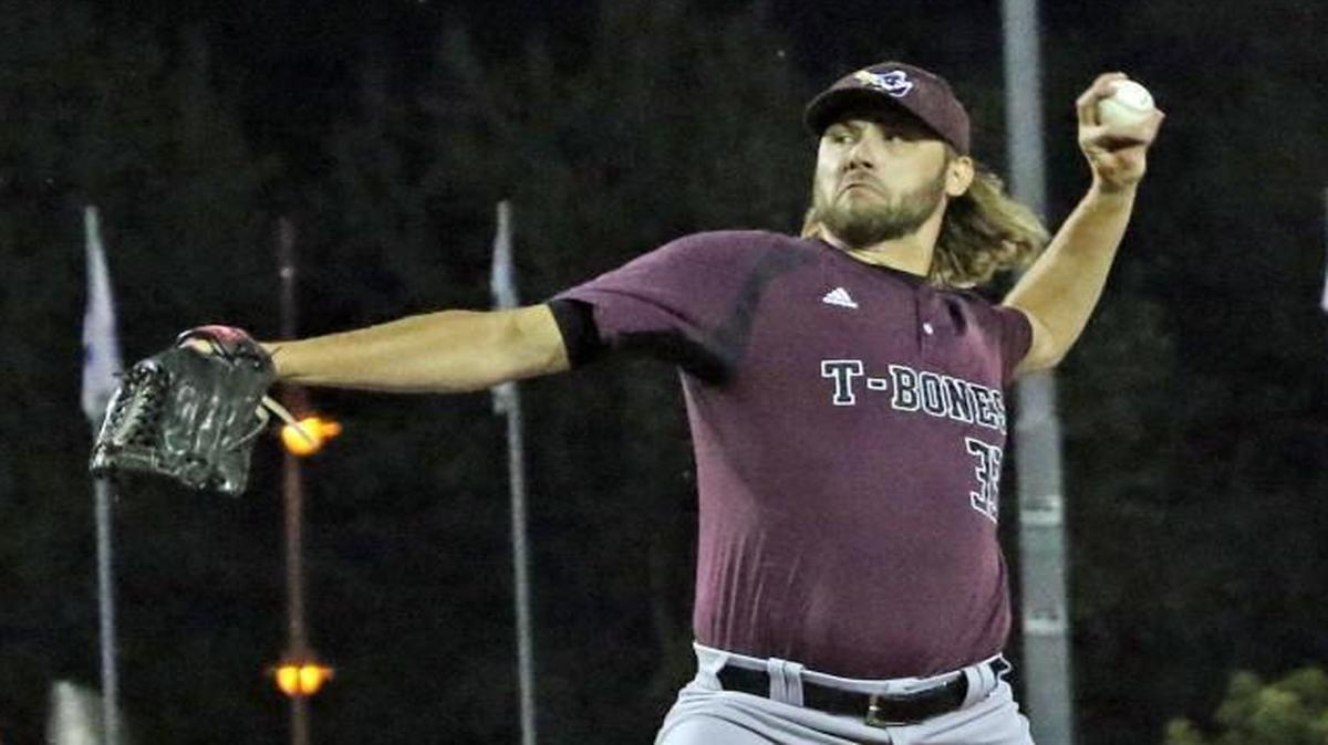 Right-hander Matt Sergey pitching as a left-hander. Note that his glove appears to be on backward.
