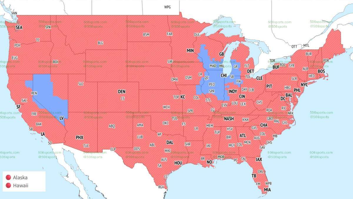 The Chiefs-Ravens game will be seen in the areas in red in the United States.