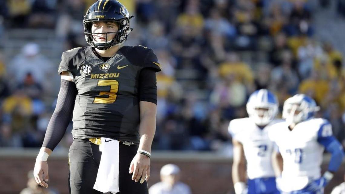 Missouri quarterback Drew Lock looked to the sidelines during the first half of Saturday’s game against Middle Tennessee in Columbia.