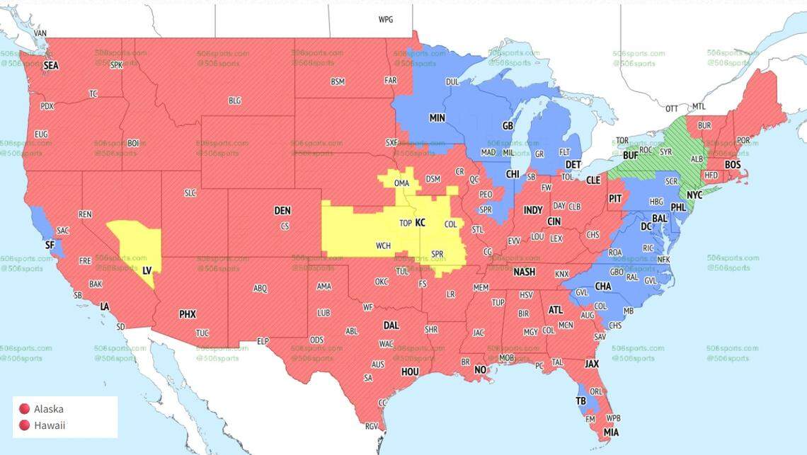 The areas in yellow will see the Chiefs-Raiders game on Sunday.