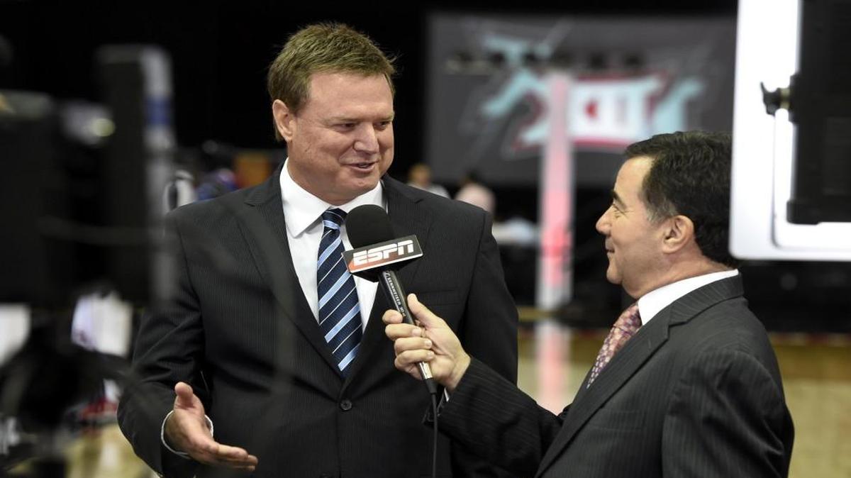 Kansas basketball coach Bill Self (left) talked with ESPN analyst Fran Fraschilla during last year’s Big 12 Conference Media Days.