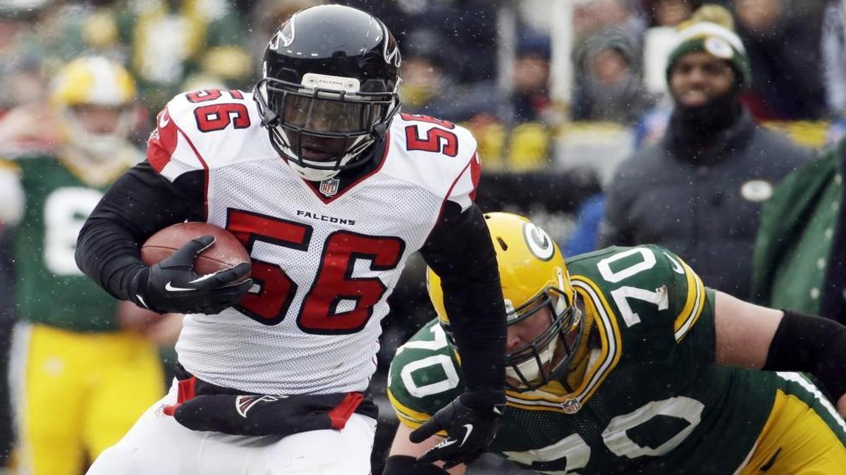 In this 2013 file photo, Atlanta Falcons linebacker Sean Weatherspoon intercepted a pass against the Packers.