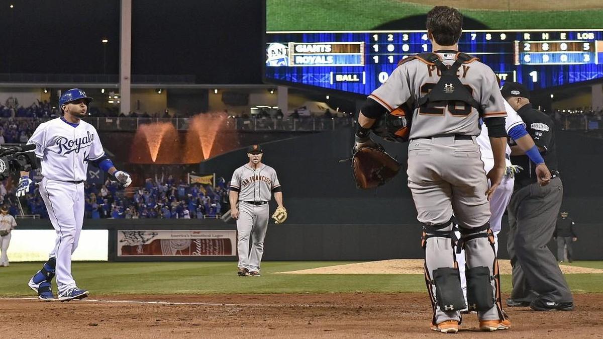San Francisco Giants relief pitcher Hunter Strickland yelled at Kansas City Royals catcher Salvador Perez as Omar Infante reached home plate after hitting a two-run home run in the sixth inning of Game 2 of the 2014 World Series at Kauffman Stadium.