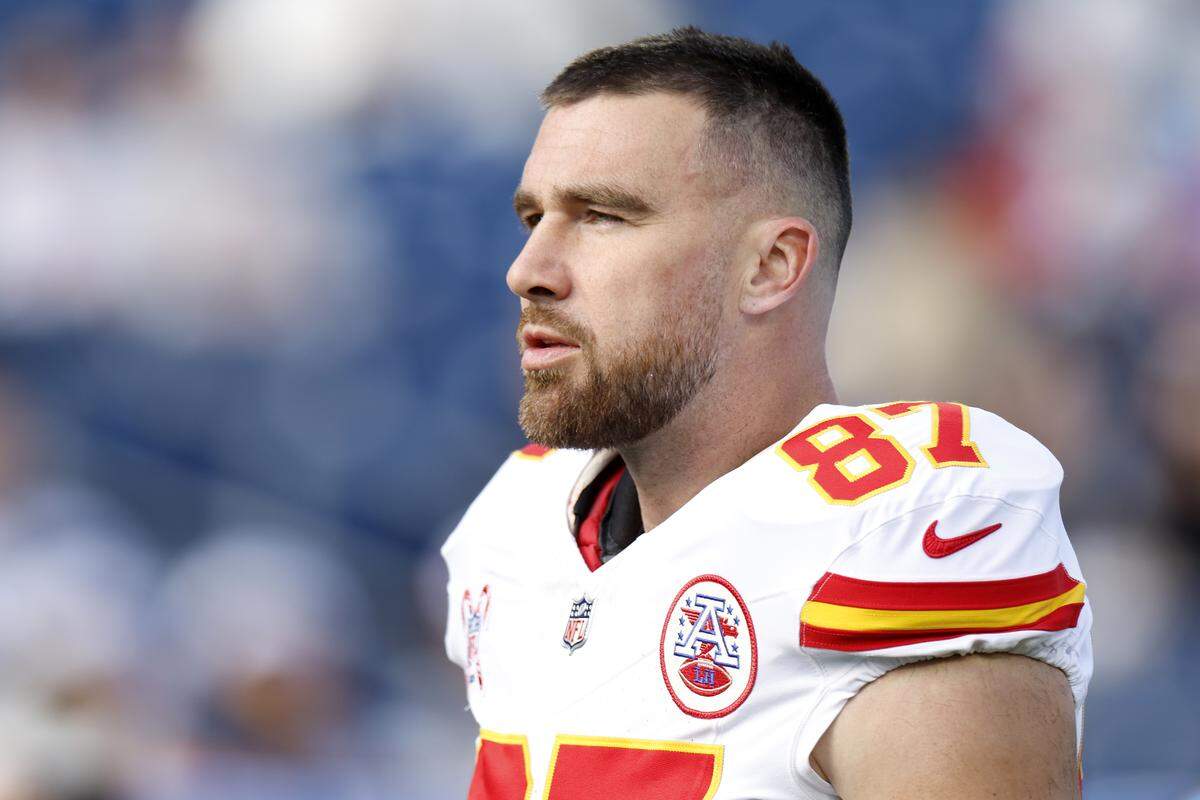 Travis Kelce of the Kansas City Chiefs looks on prior to the game against the Tennessee Titans at Nissan Stadium on Dec. 21, 2025 in Nashville, Tennessee.