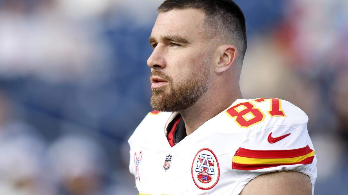 Travis Kelce of the Kansas City Chiefs looks on prior to the game against the Tennessee Titans at Nissan Stadium on Dec. 21, 2025 in Nashville, Tennessee.