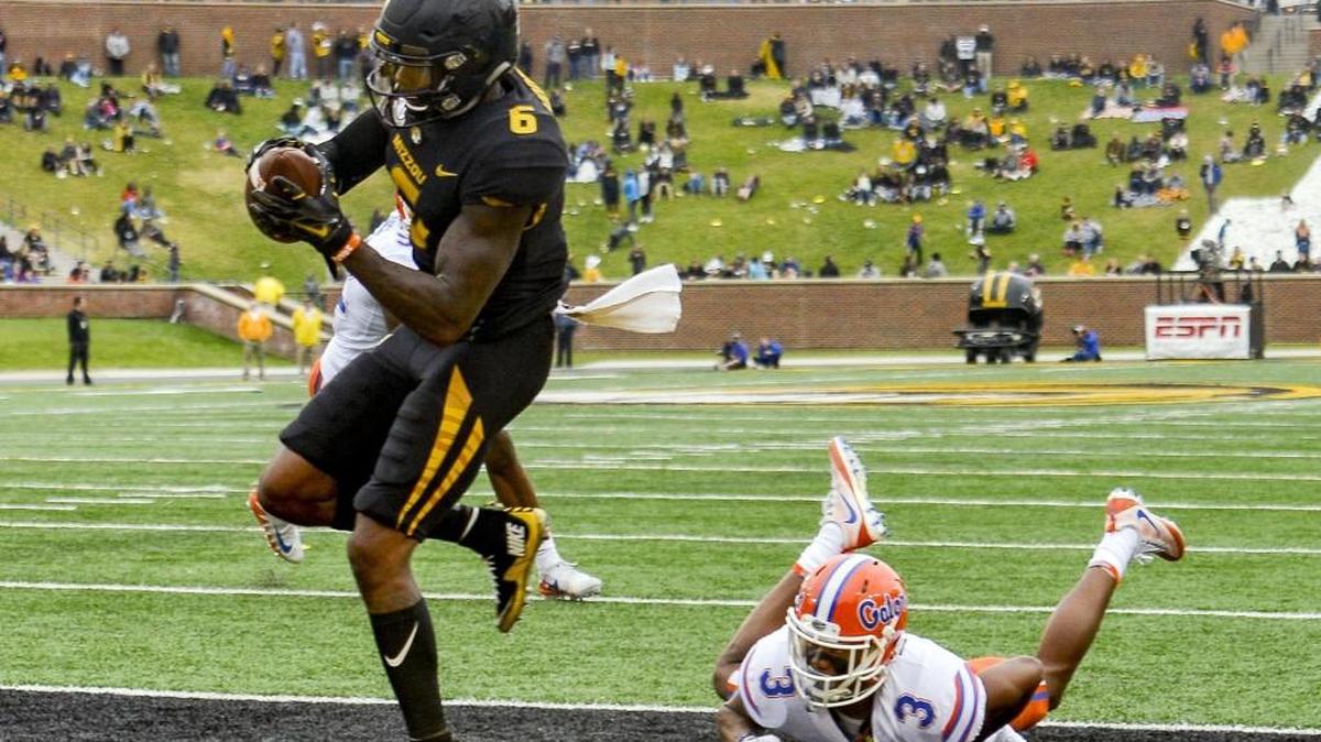 Missouri Tigers wide receiver J’Mon Moore caught a pass for a touchdown during Saturday’s game.